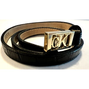 Vtg Calvin Klein CK Italian Alligator Calfskin Skinny Belt Black Gold Accents M